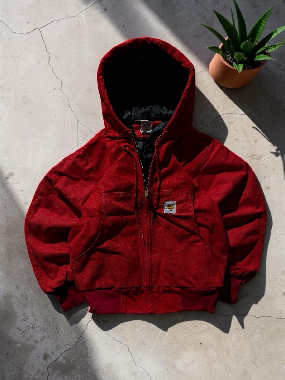 Carhartt Jacket Acid Wash Canvas WorkWear Durable Hooded Red Vintage Small