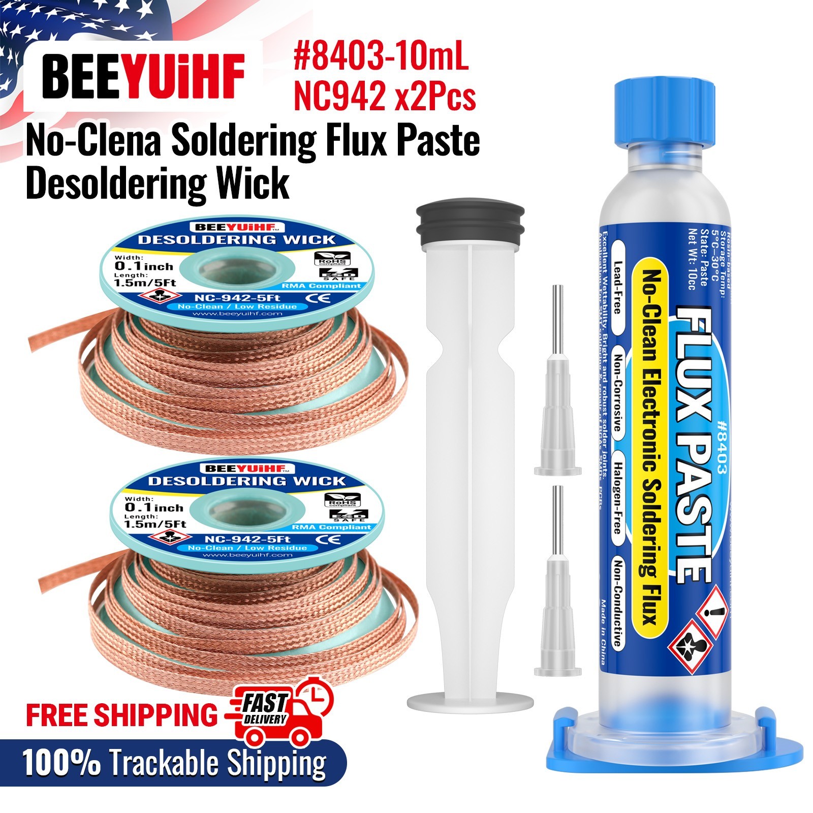 BEEYUIHF 10mL No Clean Soldering Flux Paste, 2PCS Desoldering Wick Braid 5ft 