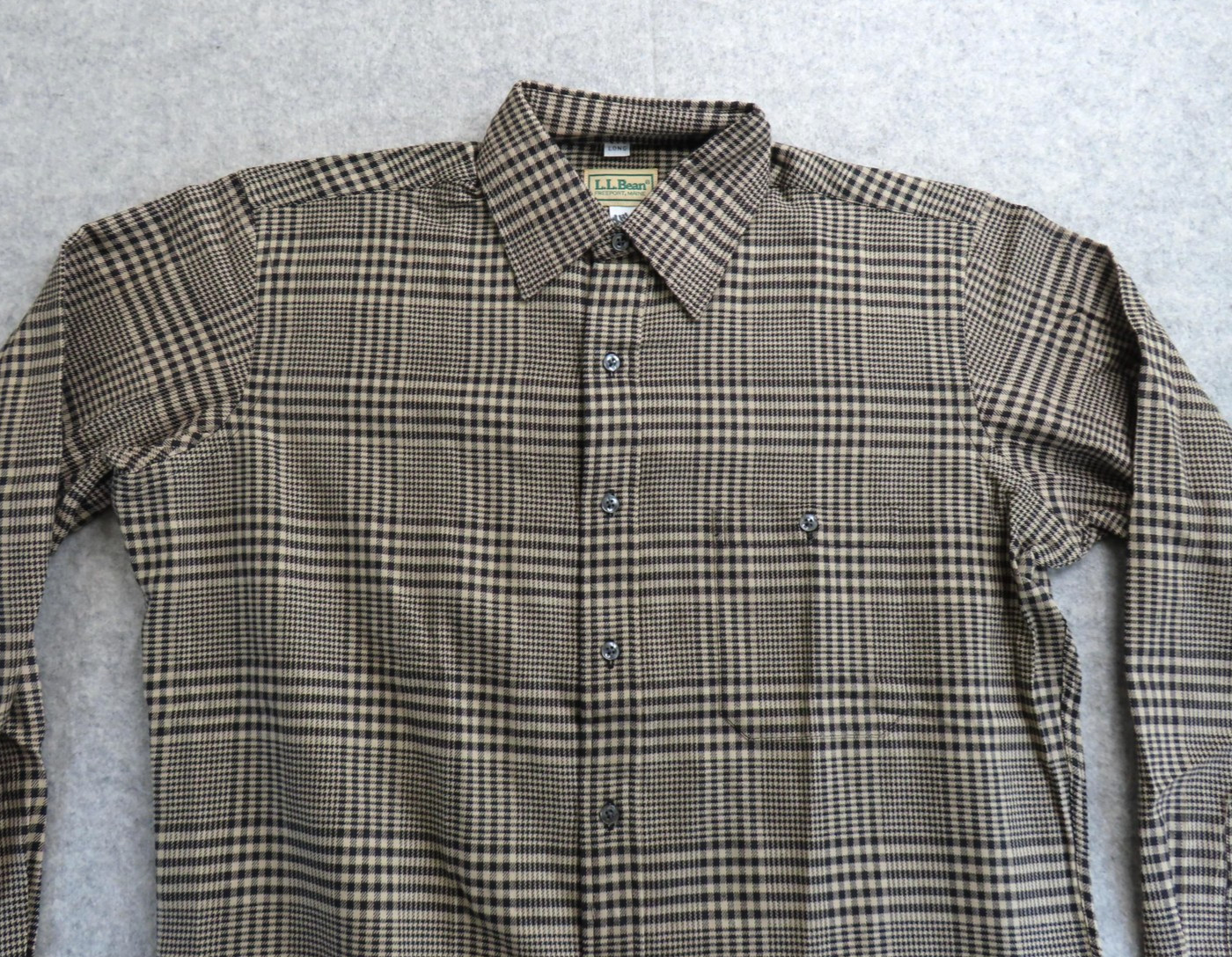 Vintage L.L. Bean Shirt Mens LT Beige Glen Plaid Cotton Made USA Long Sleeve 90s
