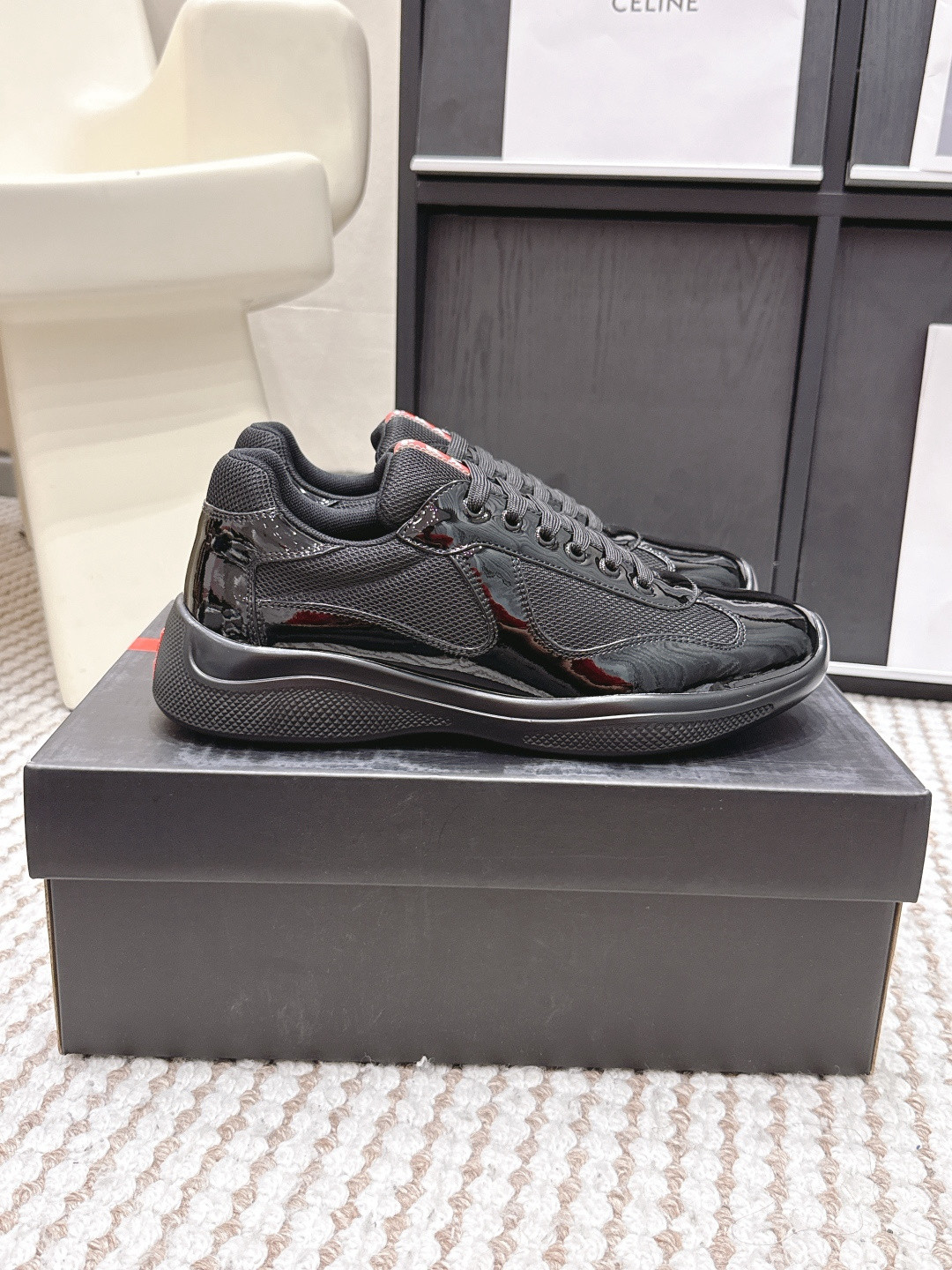 Prada America's Cup Linea Rossa Black Patent Mesh Men Low Top Sneakers Prada America's Cup Linea Rossa Black Patent Mesh Men Low Top Sneakers