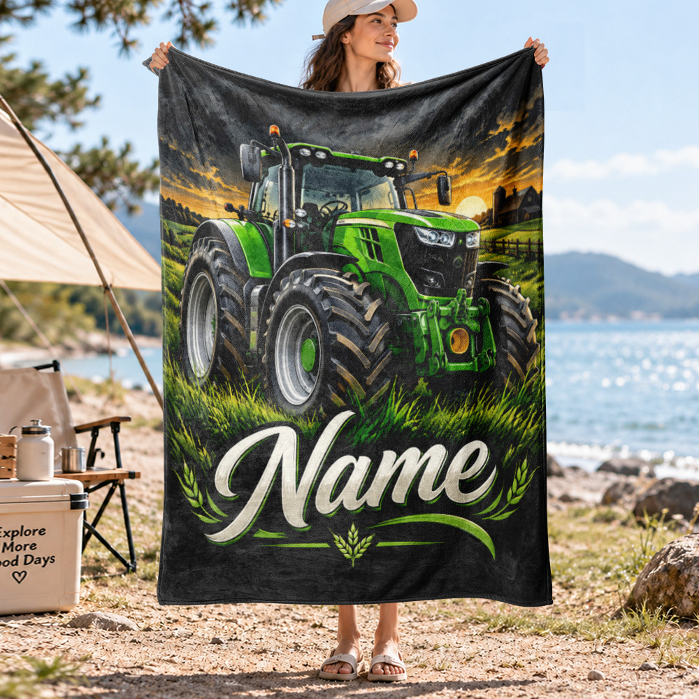 Personalized Green Tractor Coral Fleece Blanket