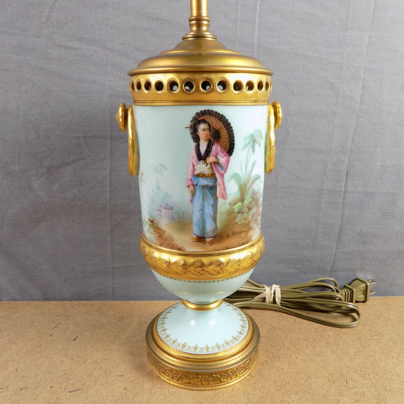 Louis Malpass Japonica French Porcelain Table Lamp Robin\'s Egg Blue & Gold
