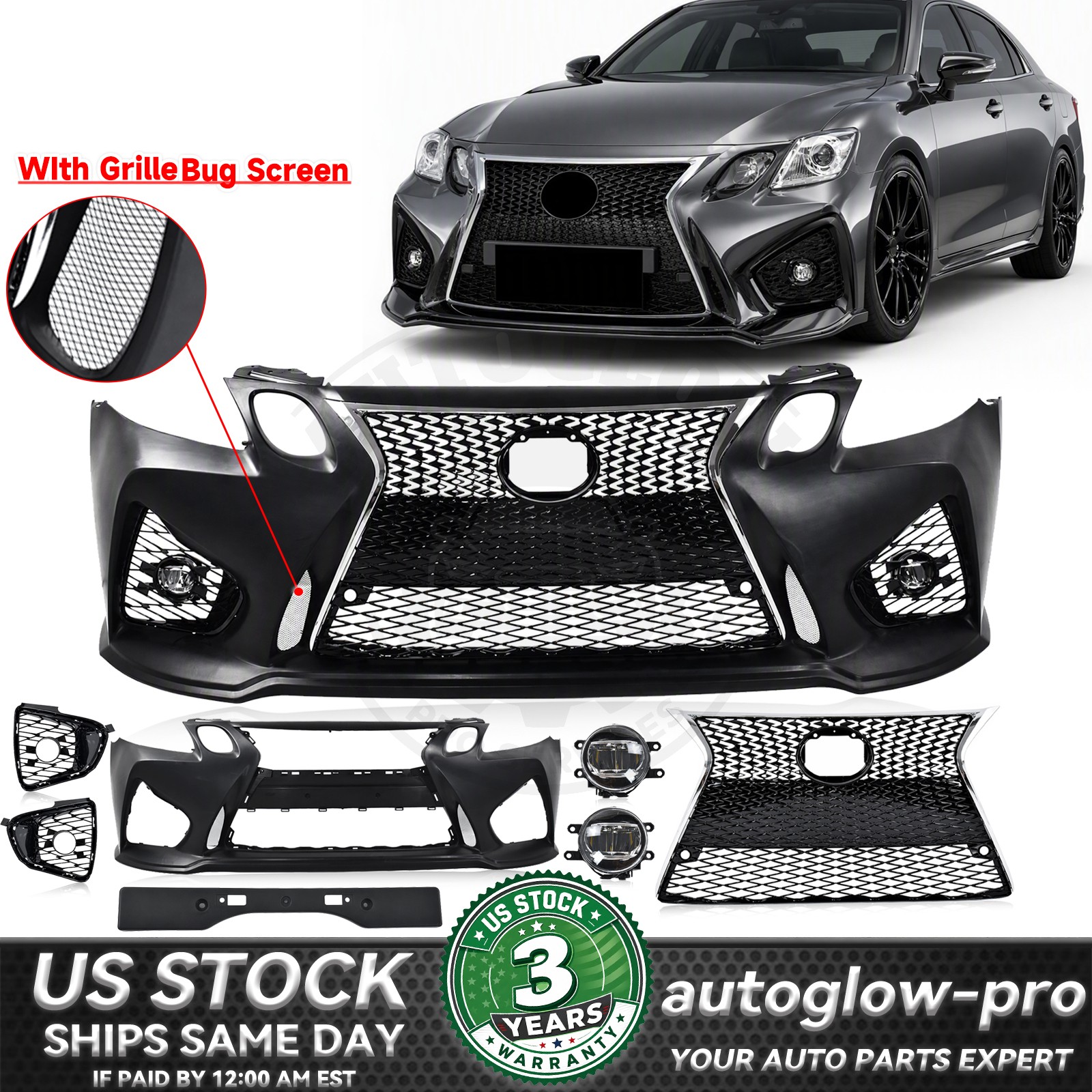 For 2006-2011 Lexus GS GS300 GS350 to 16+ GS F Style Front Bumper W/Fog Lights