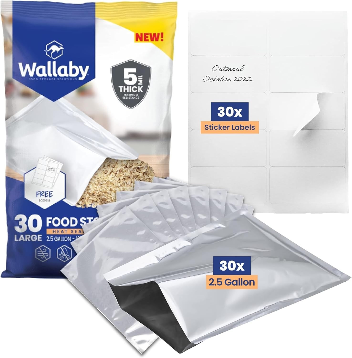 Wallaby 30ct 2.5 Gallon Mylar Bags 5 Mil Heat Seal Food Storage w/ Labels Wallaby 30ct 2.5 Gallon Mylar Bags 5 Mil Heat Seal Food Storage w/ Labels