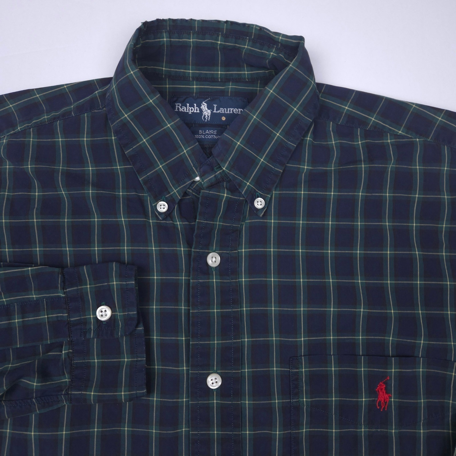 Ralph Lauren Blaire Mens Small Navy Green Plaid Cotton Button Down Shirt Preppy