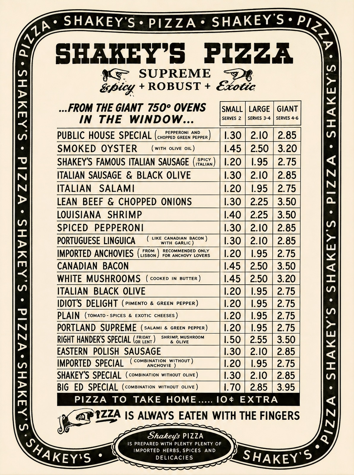 Shakey\'s Pizza Menu 1960s POSTER 24 X 18 Inches VINTAGE CLASSIC