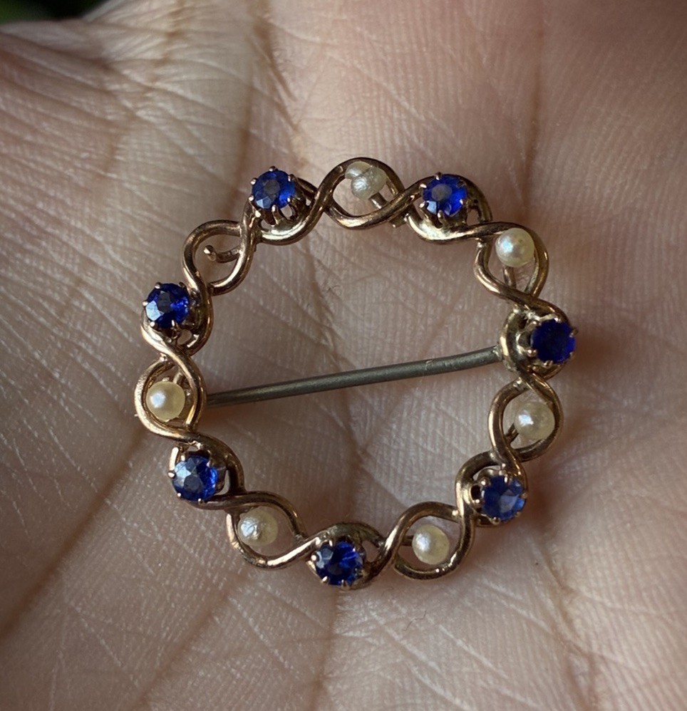 Antique 14k Gold Circle Brooch Pin with Blue Round Stones & Seed Pearls Antique 14k Gold Circle Brooch Pin with Blue Round Stones & Seed Pearls