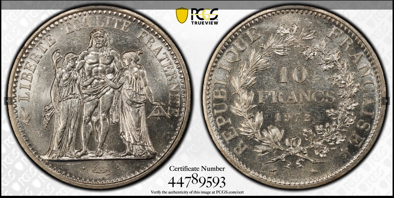 :1972(A) 10-FRANCS FRANCE KM#932 PCGS MS63 HERCULES GROUP LOW-POP R7 HIGH-GRADES :1972(A) 10-FRANCS FRANCE KM#932 PCGS MS63 HERCULES GROUP LOW-POP R7 HIGH-GRADES