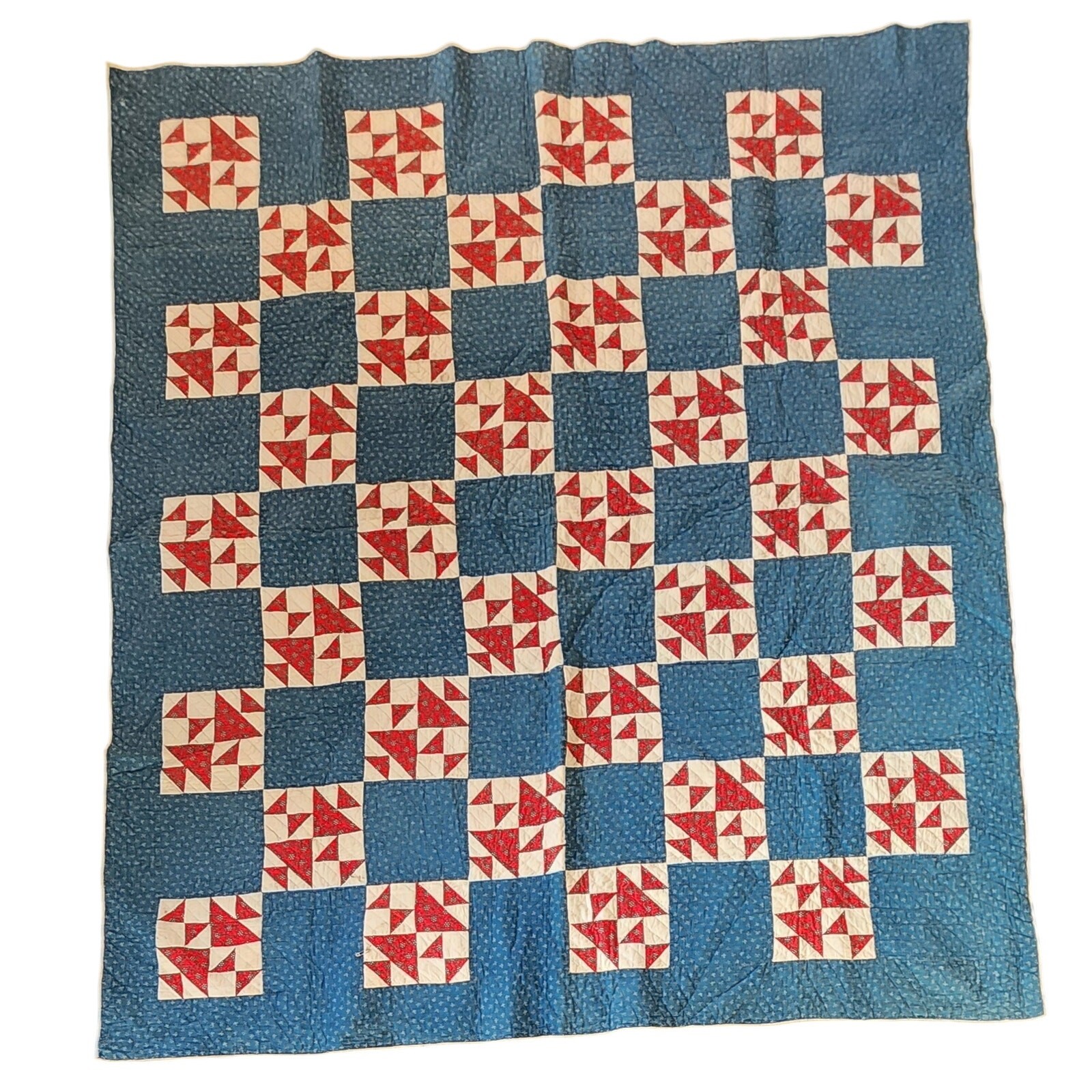 Antique American Quilt 1800s Old Maid's Puzzle Cotton Indigo Turkey Red Checker Antique American Quilt 1800s Old Maid's Puzzle Cotton Indigo Turkey Red Checker