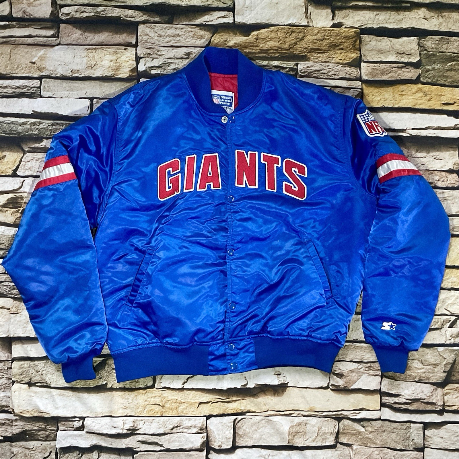 Vtg Starter New York Giants Satin Jacket Men\'s XL Blue NFL Bomber Snap VG