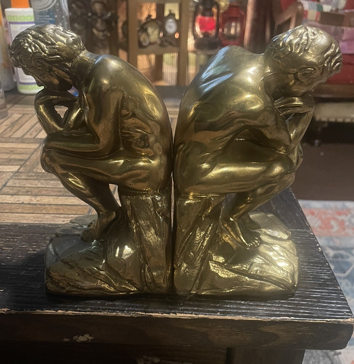 Vtg Rodin Thinker Cast Metal Bronze Finish Bookends Marble Base Art Deco Heavy