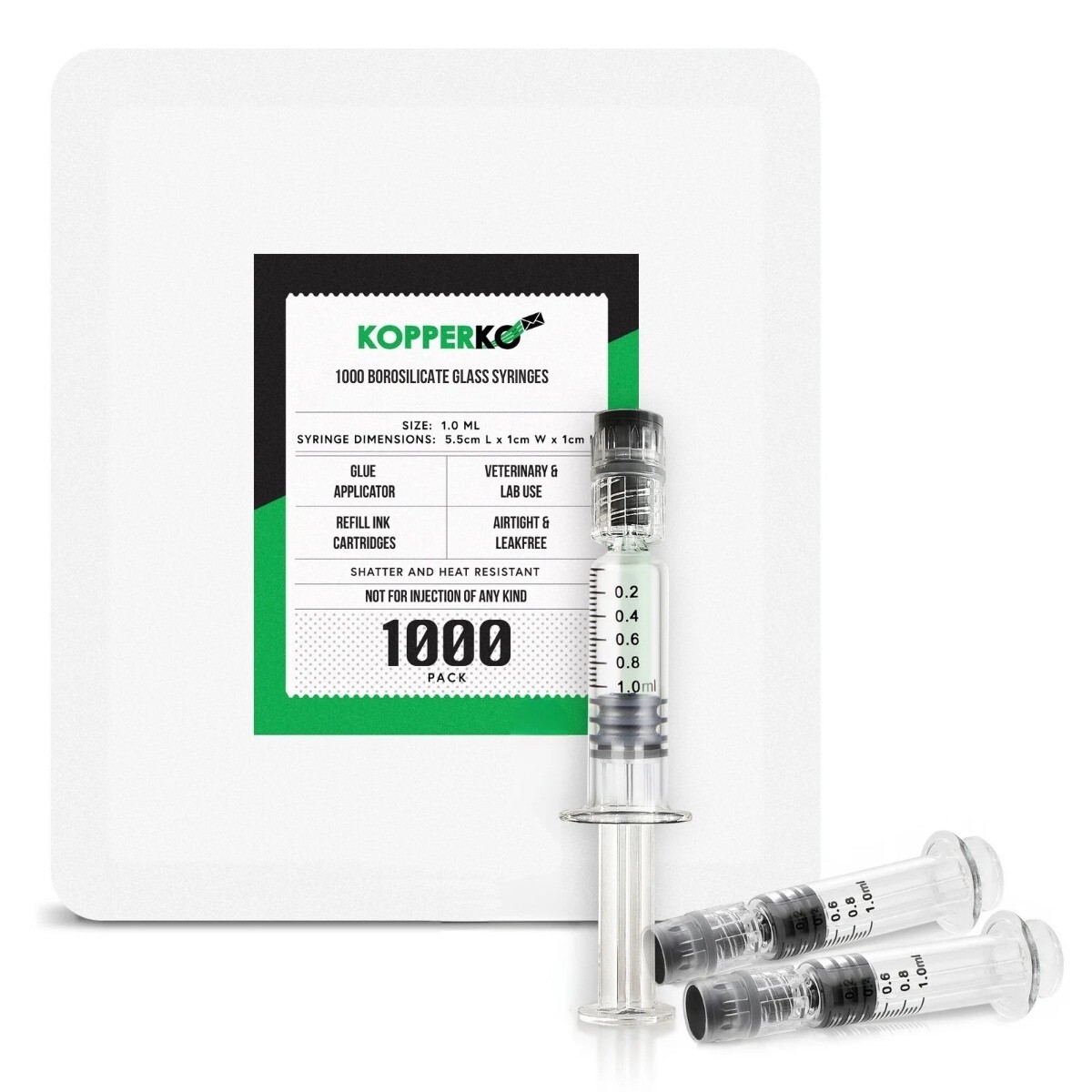 Kopperko 1ml Borosilicate Glass Syringes - Luer Lock, Glue Syringe, 1000 Pack