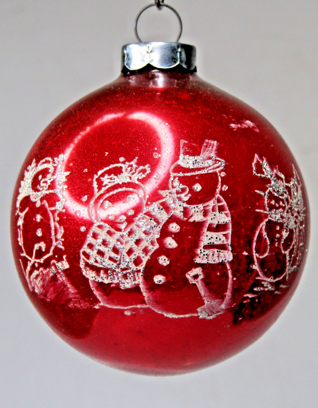 VTG Pre WWII Glass Pictured Mrs Ms SNOWMAN BALL Christmas Ornament Corning RED