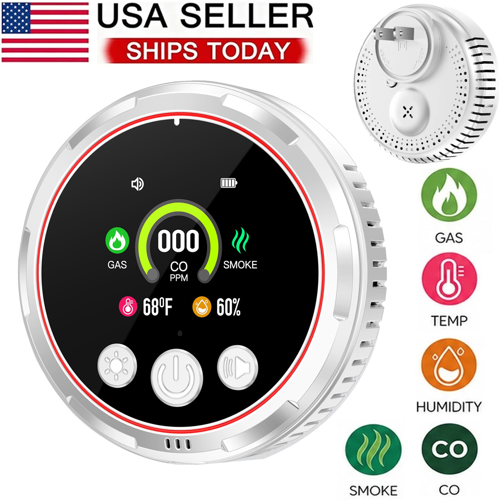 5-in-1 CO, Smoke & Gas Detector, Plug-in with Battery Backup for Home and Travel