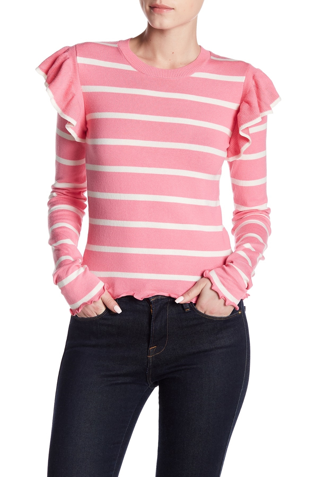 Abound 165451 Womens Ruffle Shoulder Striped Sweater Pink Size Medium