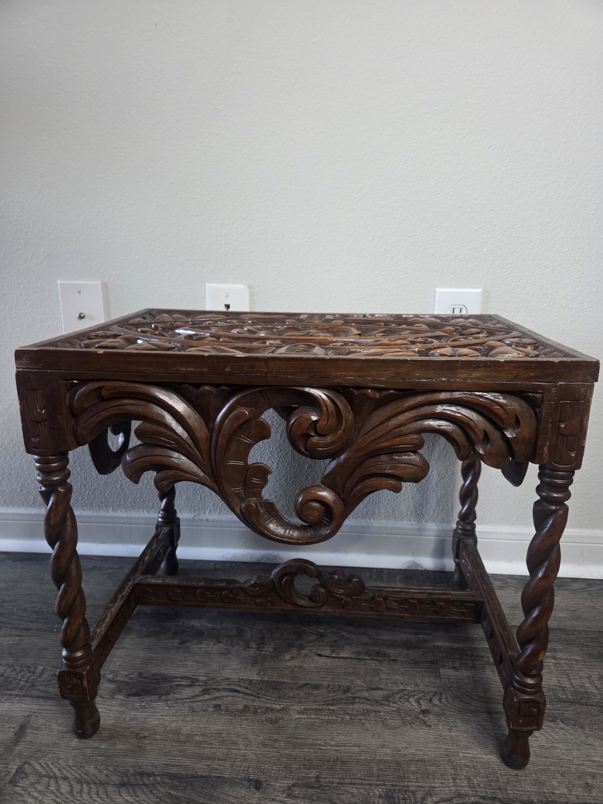 Vintage Italian Hand Carved Wood Side Table Floral Top Twisted Legs Dark Brown Vintage Italian Hand Carved Wood Side Table Floral Top Twisted Legs Dark Brown