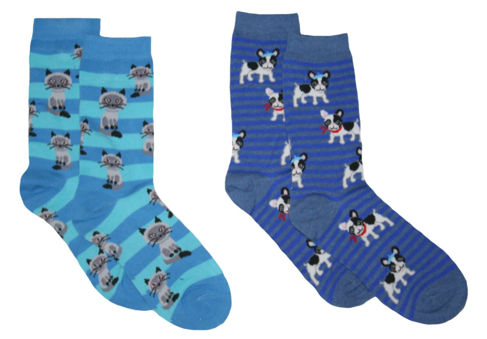 DAVCO Women\'s 2 Pair Striped Socks with Dog & Cat Design Sock Size 9-11 NWT
