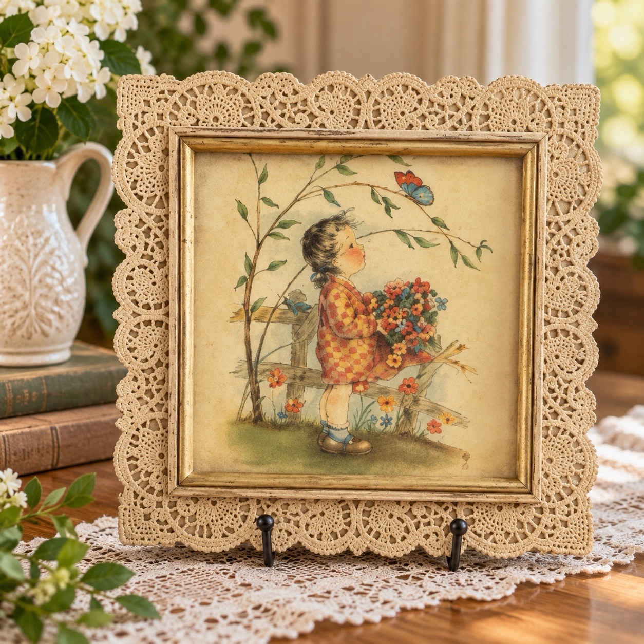 Vintage 1940'S Venice Lace Framed Marion Bradford Burgess Lithograph Print 8” Vintage 1940'S Venice Lace Framed Marion Bradford Burgess Lithograph Print 8”