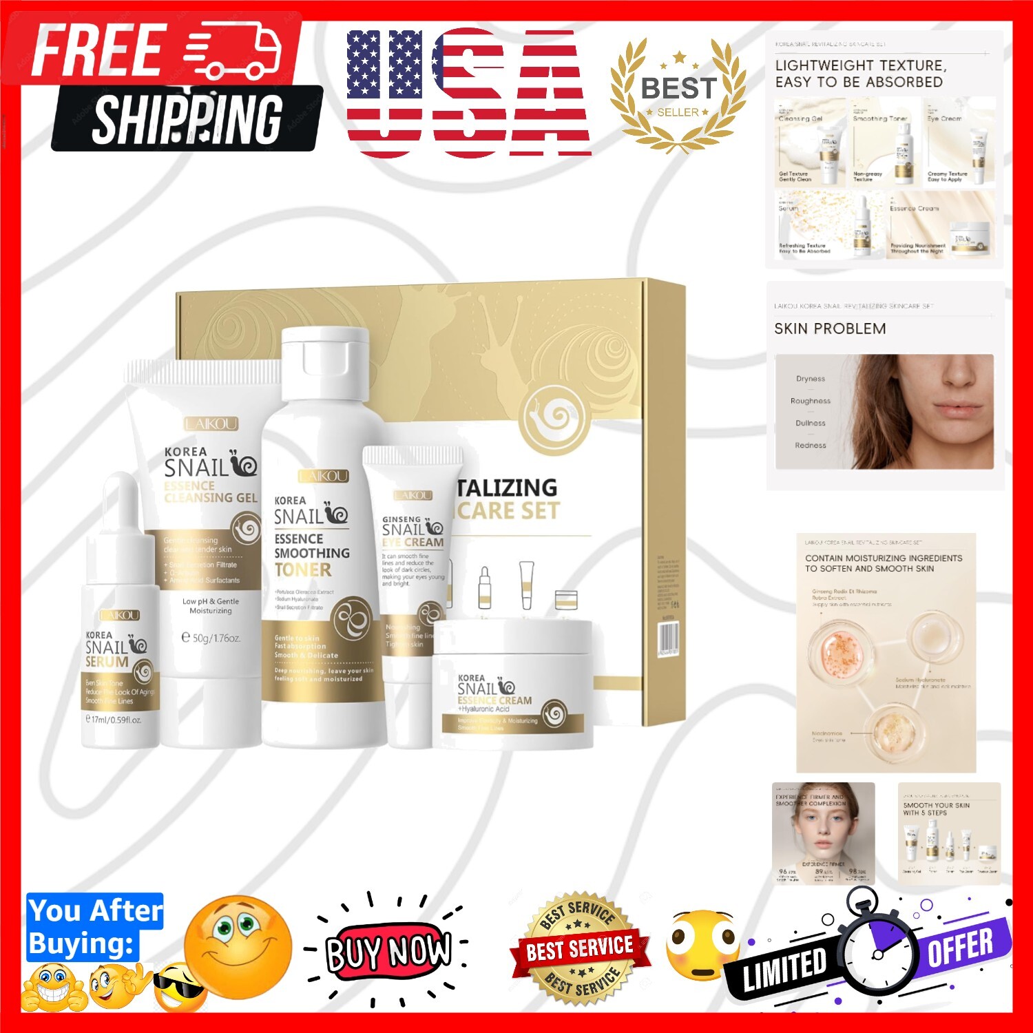 Complete 5-Piece Korean Snail Essence Skincare Set – Hydrating & Rejuvenating