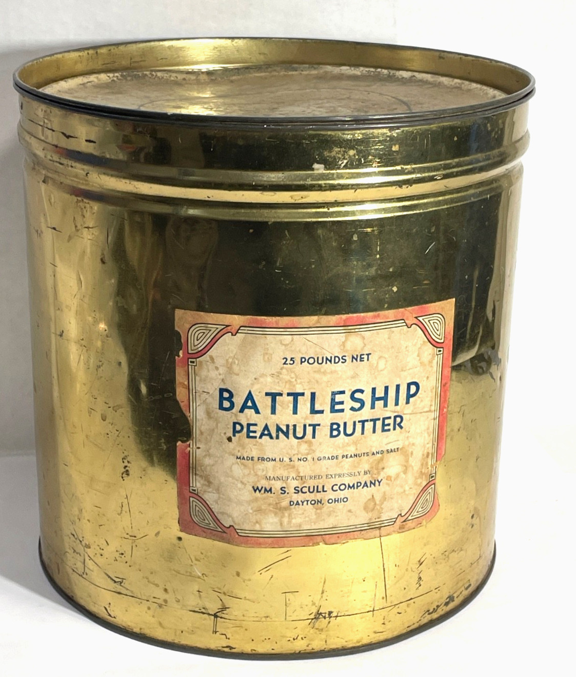 VTG Battleship Peanut Butter Tin 25 Lb Wm S Scull Co Dayton OH