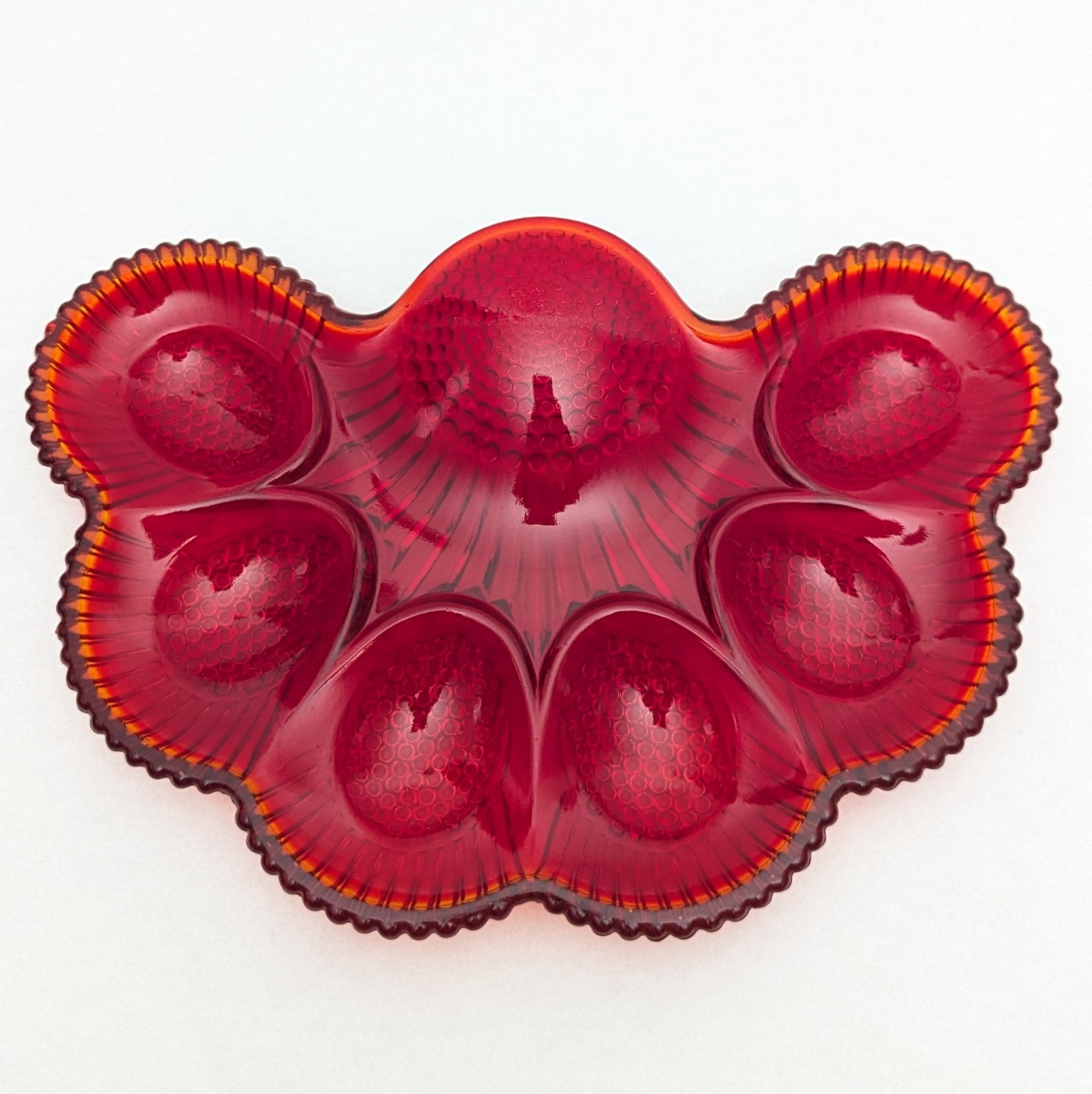 Rare Vintage Ruby Red Deviled Egg/Oyster Plate Cadmium Glass Hobnail Pattern 9in Rare Vintage Ruby Red Deviled Egg/Oyster Plate Cadmium Glass Hobnail Pattern 9in