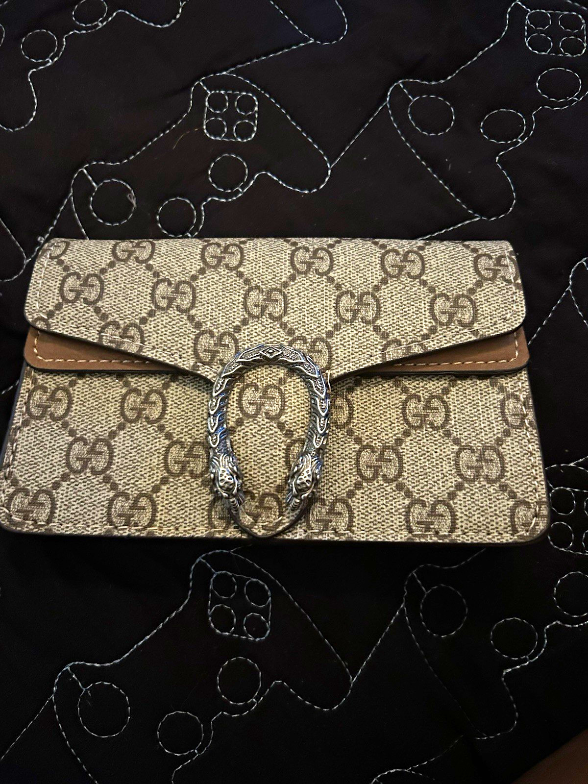 Gucci GG Monogram Beige Chain Strap Crossbody Bag Silver Hardware Snap Closure