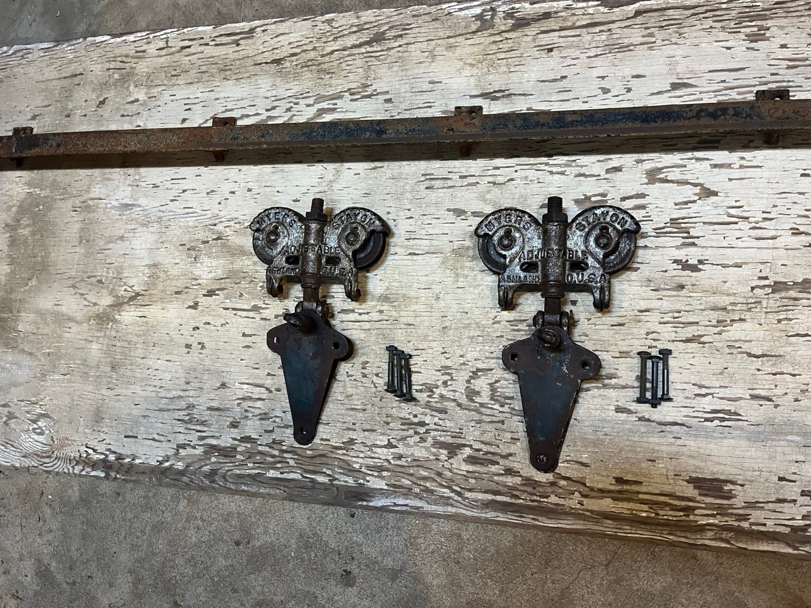 2 antique FE Myers stayon barn door rollers W/ track architectural salvage VGC 2 antique FE Myers stayon barn door rollers W/ track architectural salvage VGC