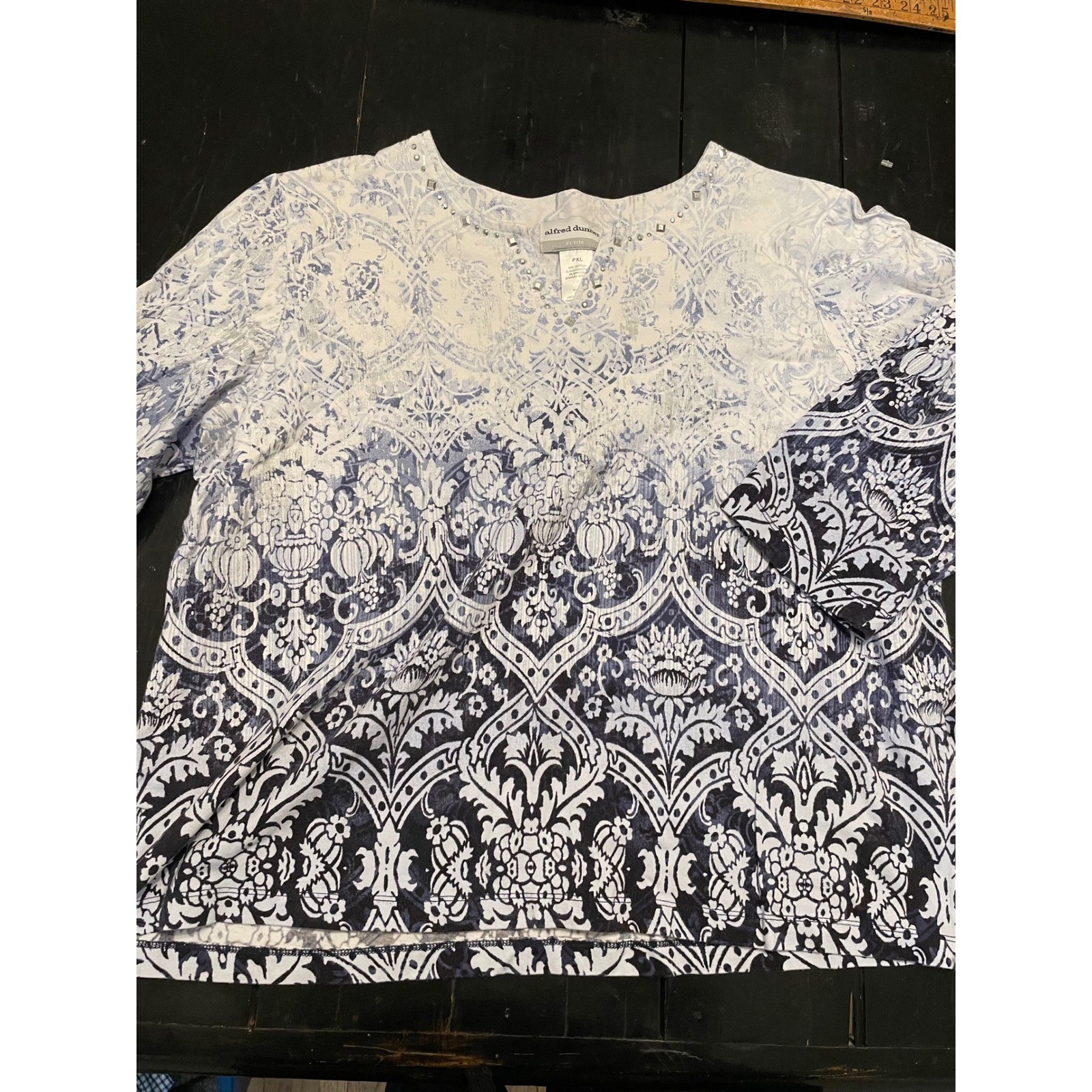 Blue White Alfred Dunner Ombre Print Long Sleeve Round Neck Top Women Large