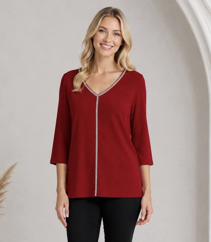 Womens Ruby Red Rhinestone Studded V Neck Top Size Large Fall Holiday Party NWT