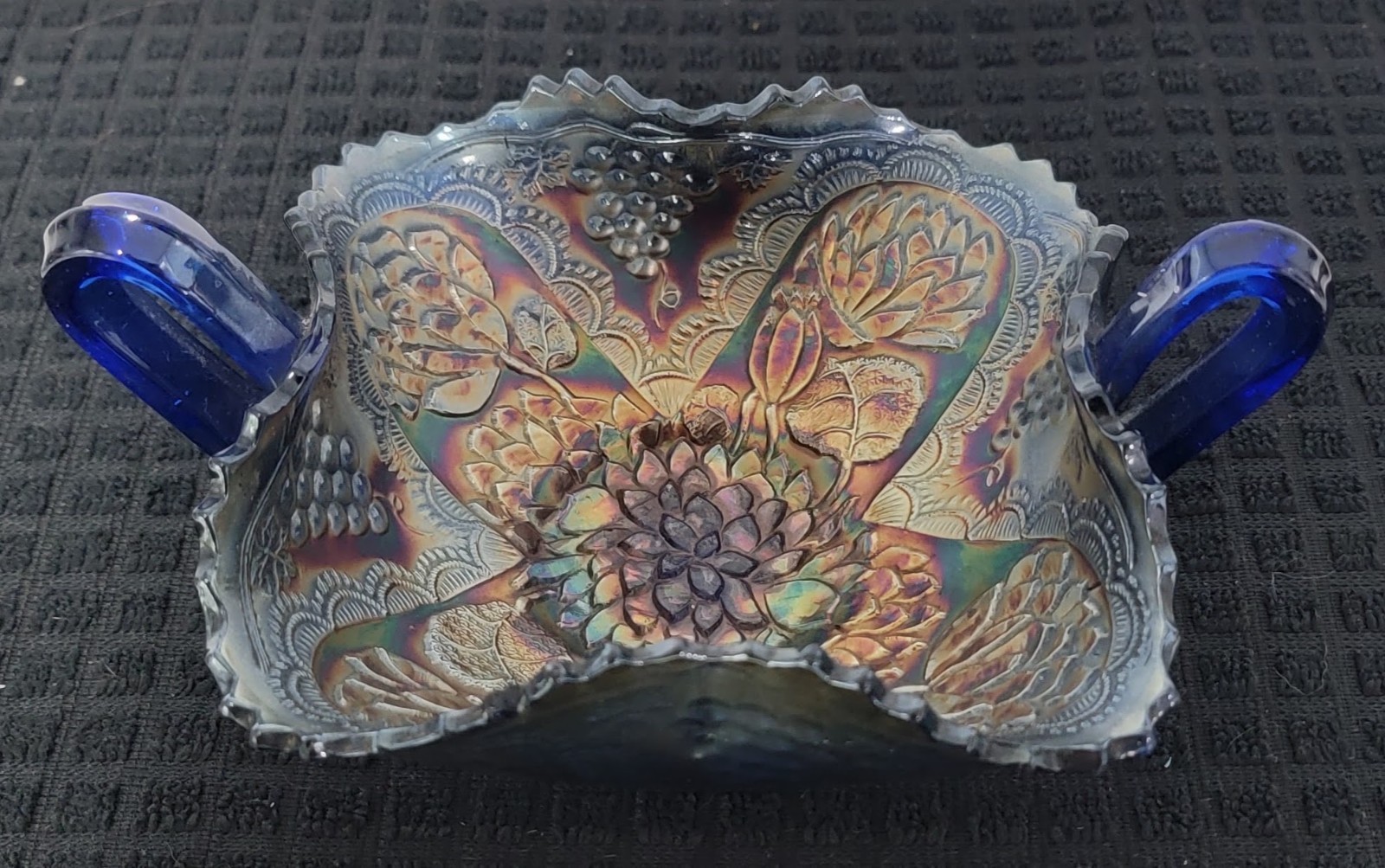 Antique Fenton Blue Carnival Glass Lotus & Grape Two-Handled Bonbon Dish c.1910