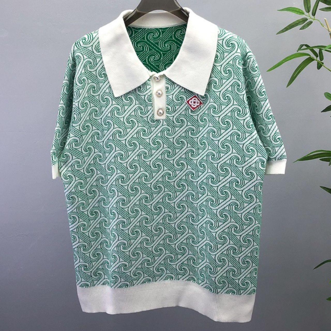 Casablanca Green White Jacquard Monogram Knit Polo Shirt Men\'s XL Casablanca Green White Jacquard Monogram Knit Polo Shirt Men\'s XL