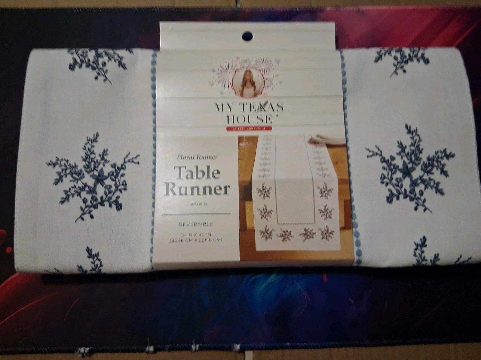 New Farmhouse My Texas House Table Runner FLORAL Blue White Reversible Cotton New Farmhouse My Texas House Table Runner FLORAL Blue White Reversible Cotton