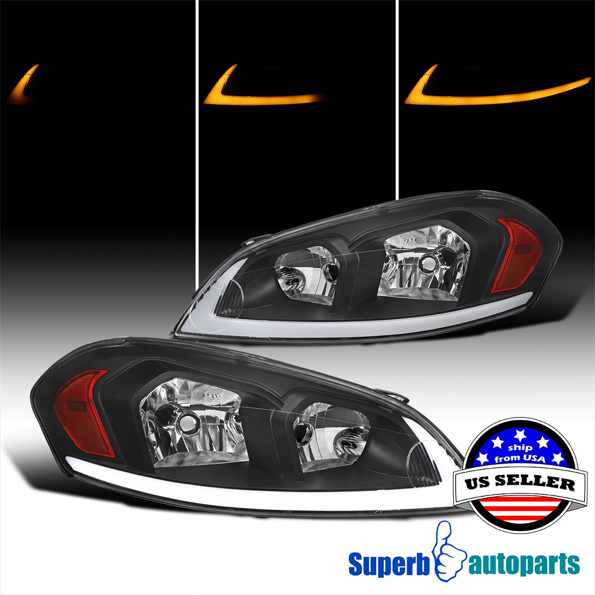 For 06-13 Chevy Impala 06-07 Monte Carlo Black Headlight+Switchback LED Turn For 06-13 Chevy Impala 06-07 Monte Carlo Black Headlight+Switchback LED Turn