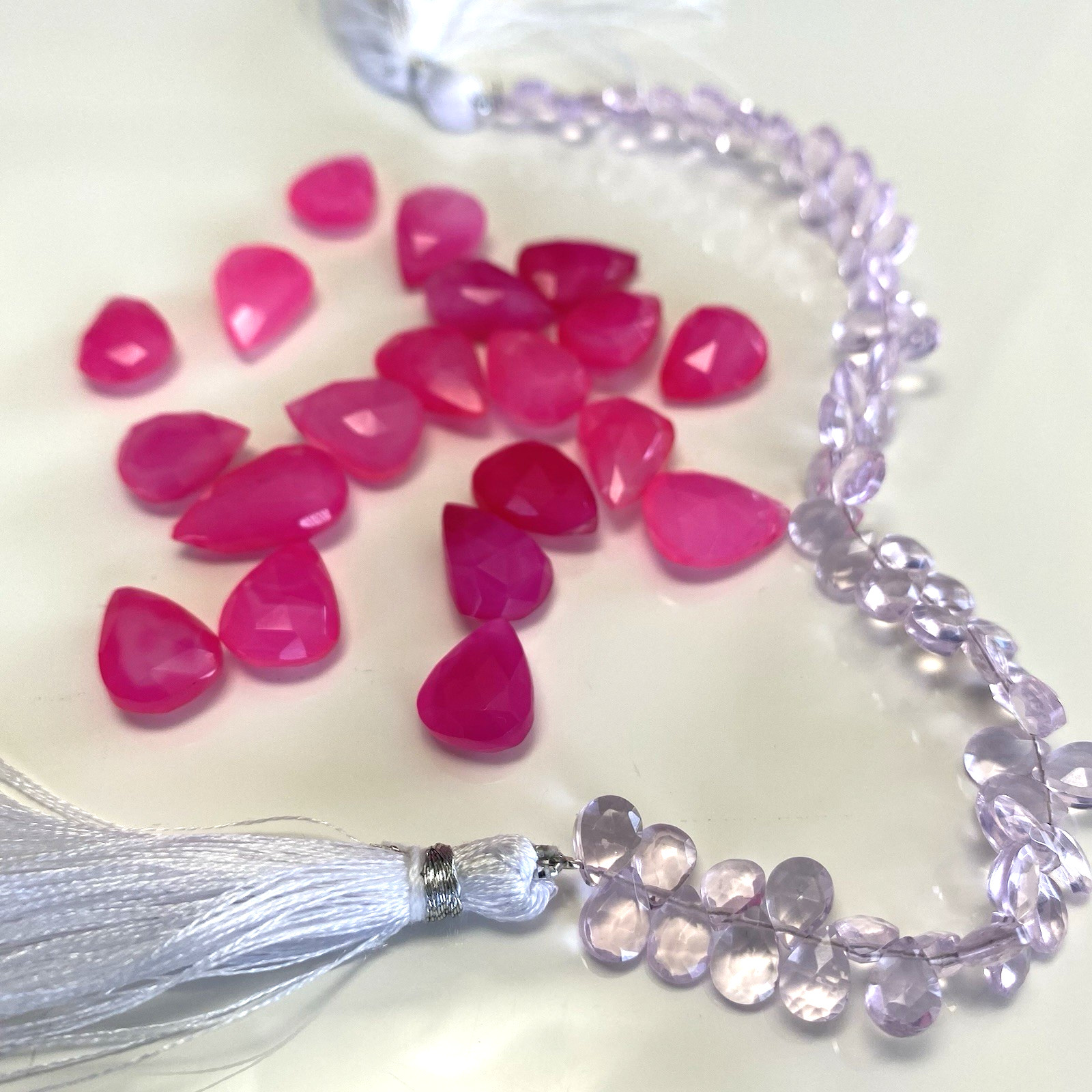 Hot Pink Chalcedony & Pink Glass Faceted Pear Beads Hot Pink Chalcedony & Pink Glass Faceted Pear Beads