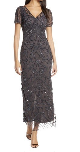 NWT Pisarro Nights Gray Embellished Illusion Neck Mesh Column Gown Size 4Petite NWT Pisarro Nights Gray Embellished Illusion Neck Mesh Column Gown Size 4Petite
