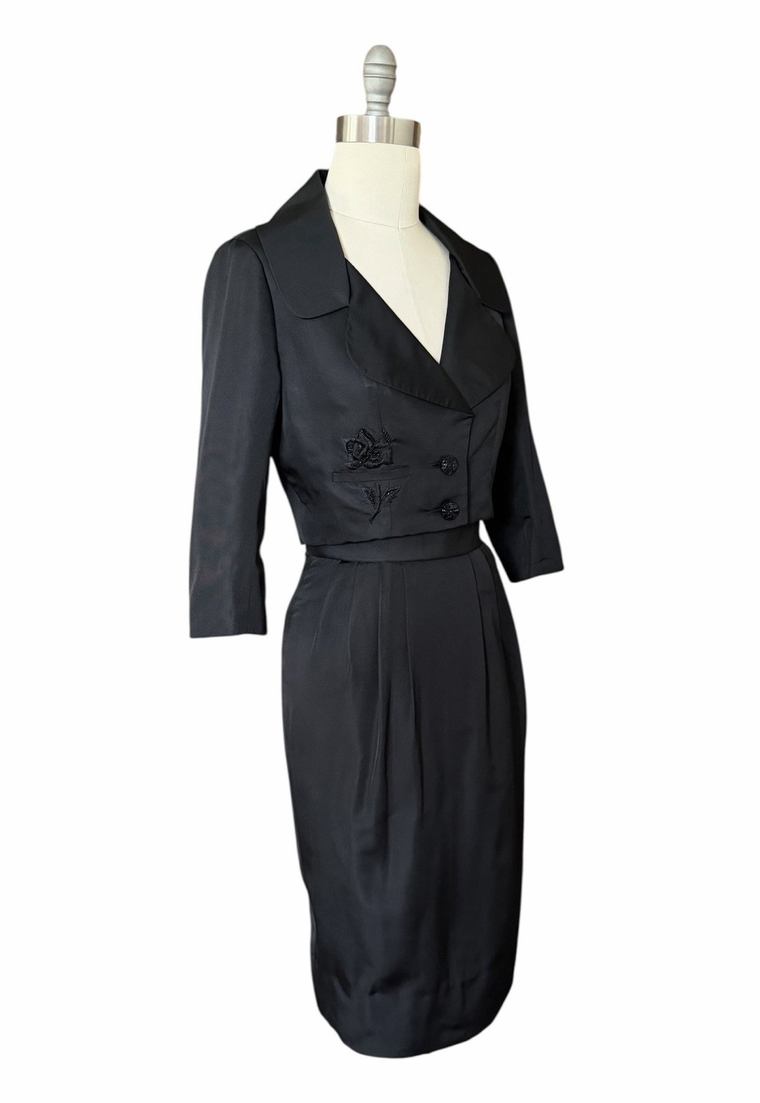 Vintage 1950s Black Tailored Skirt Suit Cropped Jacket By Designer Helen Rose
