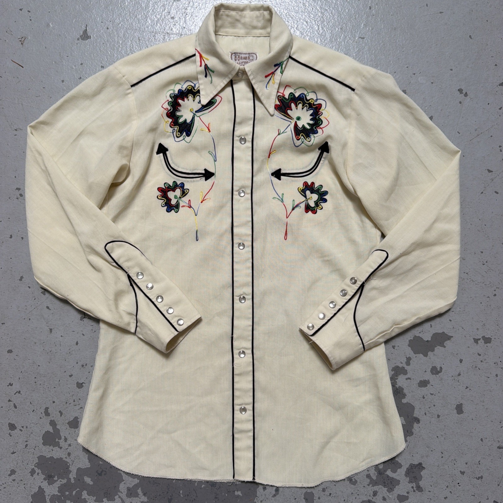 Vintage H Bar C Wool Gabardine Snap Button Embroidered Rockabilly Shirt S-M