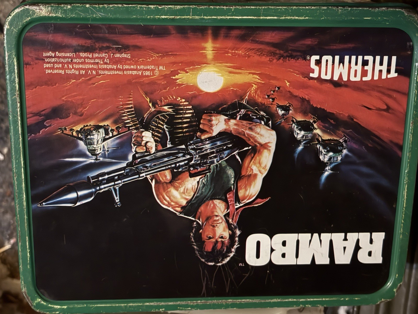 Vintage 1985 Rambo Metal Lunchbox Camouflage Green Sylvester Stallone Vintage 1985 Rambo Metal Lunchbox Camouflage Green Sylvester Stallone