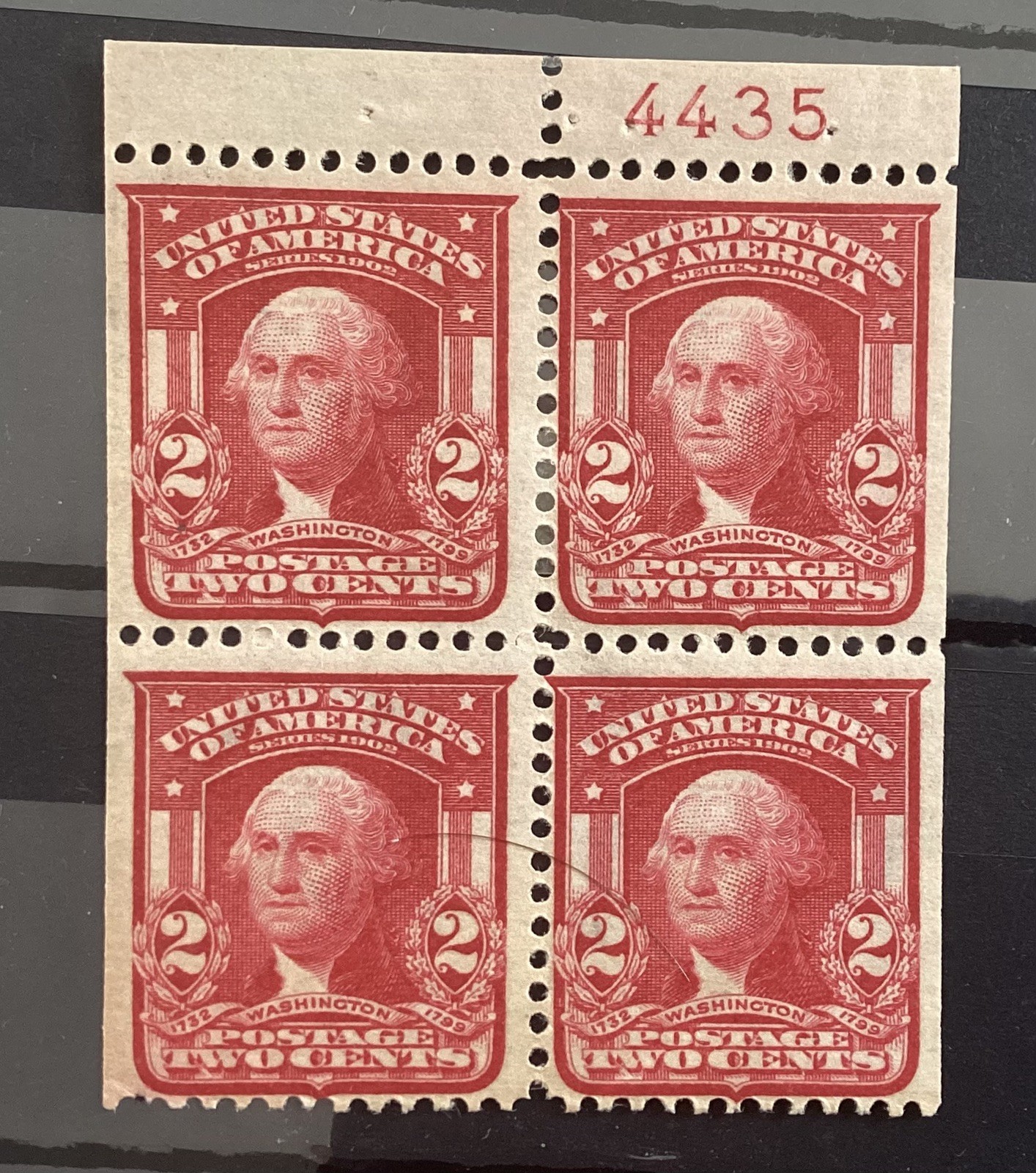 US Scott 319g 2¢ Washington Type I Booklet Pane Remnant of 4 Plate #4435