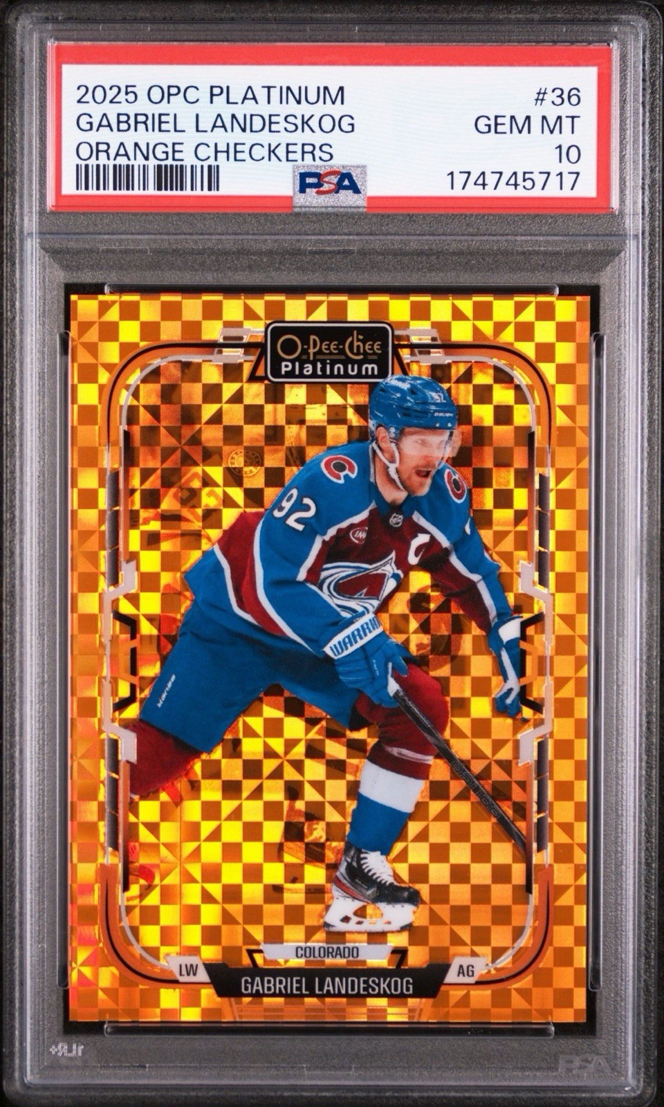 Gabriel Landeskog 2025 OPC Platinum #36 Orange Checkers /25 PSA 10 POP 1 Gabriel Landeskog 2025 OPC Platinum #36 Orange Checkers /25 PSA 10 POP 1