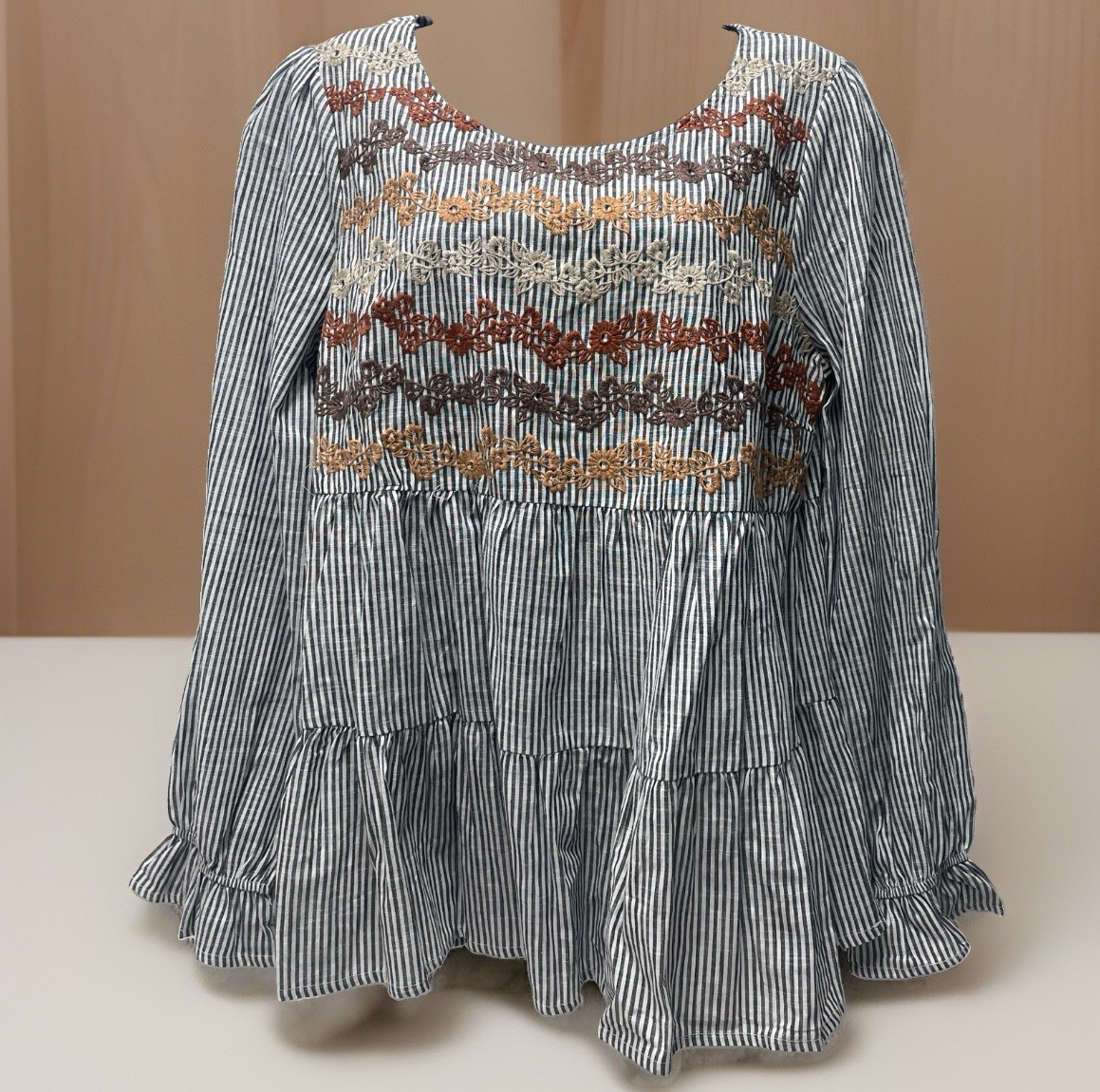 NWT Savanna Jane Embroidered Floral Top Sz M Boho Tiered Peasant Striped Cottage