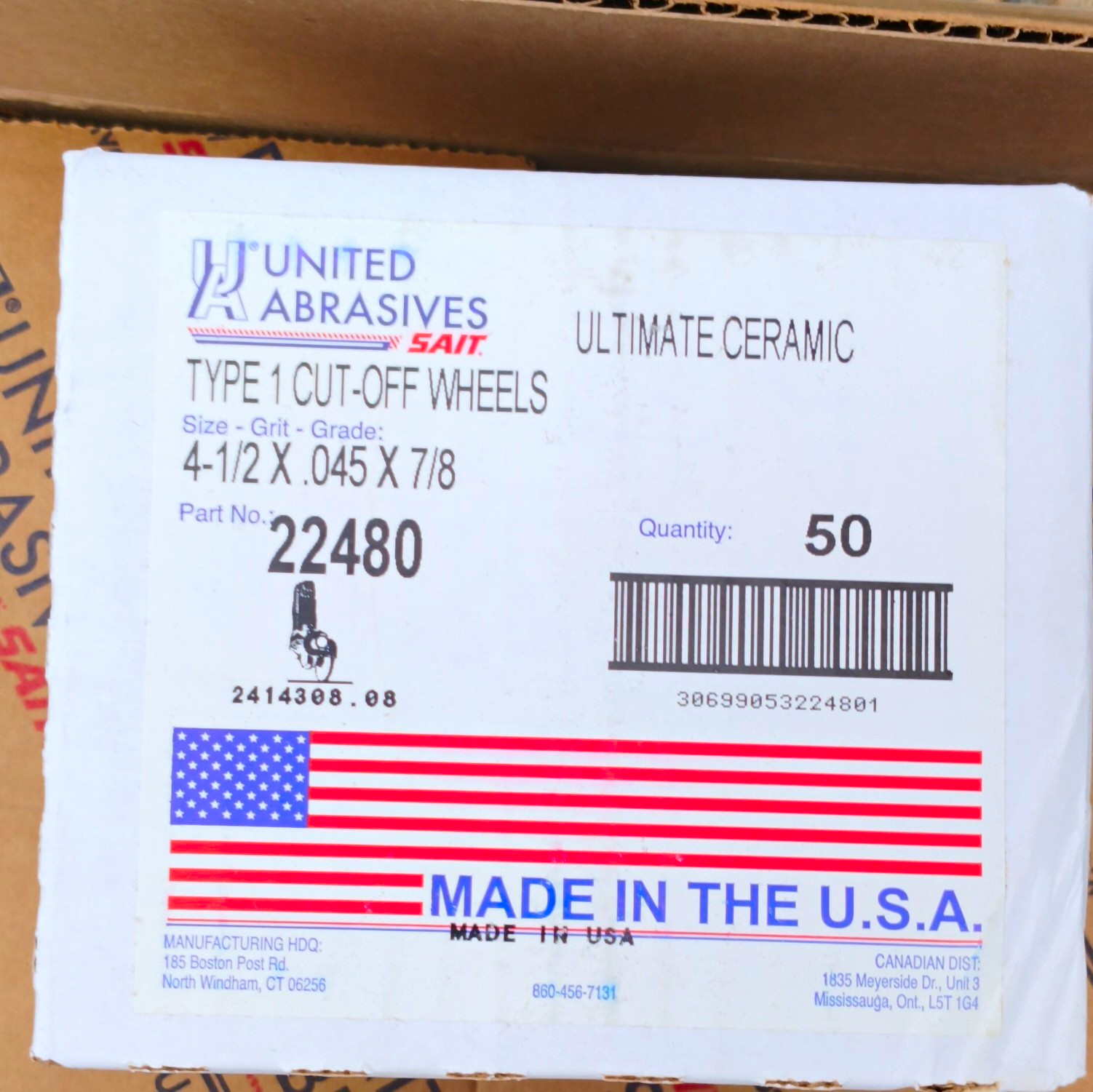 United Abrasives SAIT #22480 Type 1 Ceramic Cut-off Wheels 4-1/2x.045x7/8 50pk United Abrasives SAIT #22480 Type 1 Ceramic Cut-off Wheels 4-1/2x.045x7/8 50pk