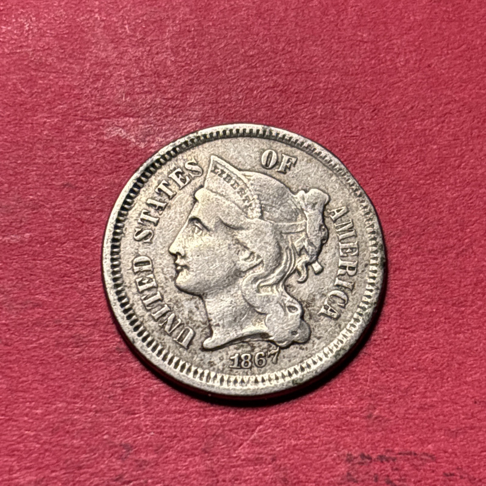(1) Beautiful Antique 1867 Three Cent Nickel F-FINE NICE DETAIL COIN