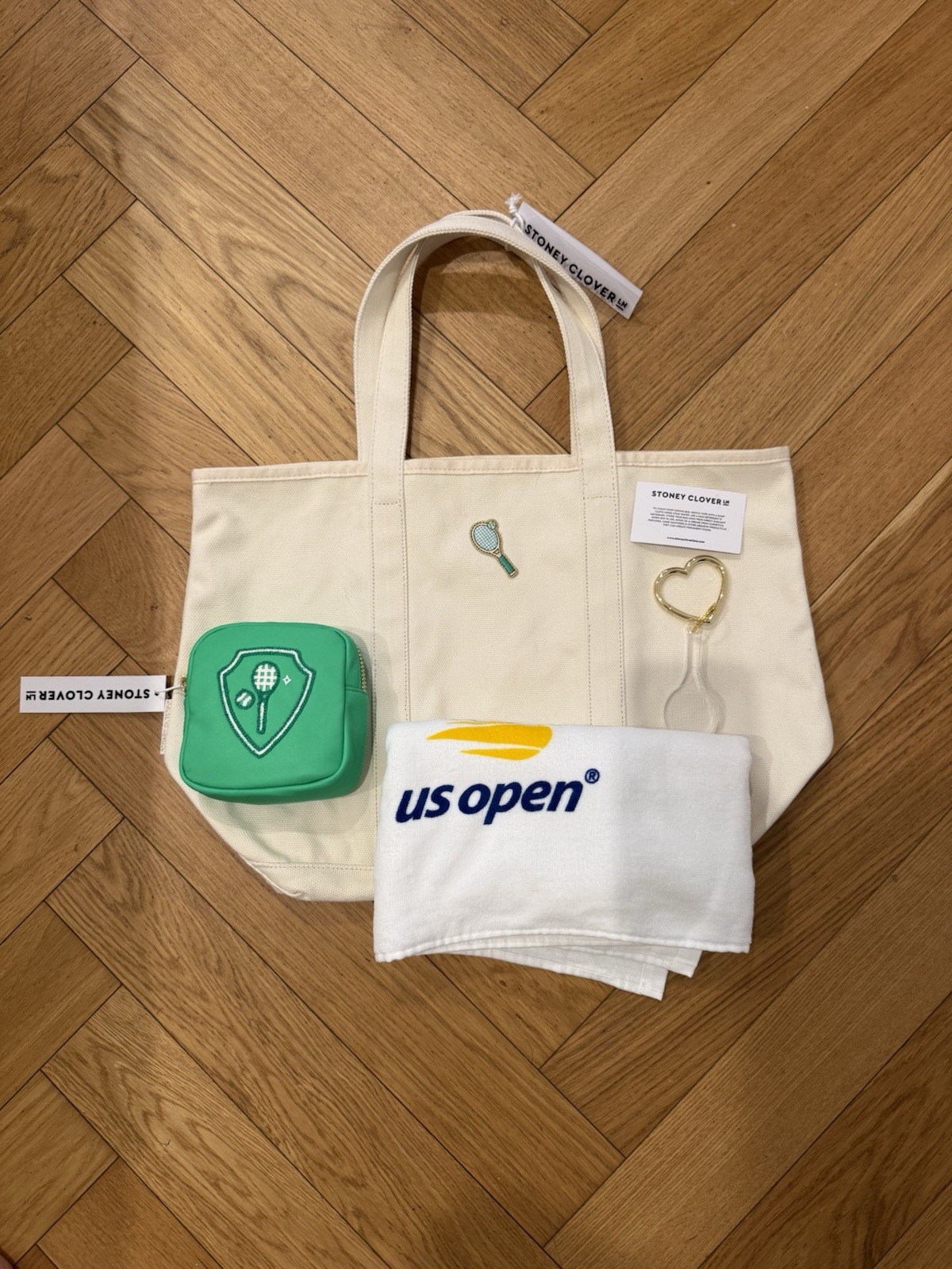 Stoney Clover Lane Large Canvas Tote Bag Tennis Patch, Key Chain, Zip Pouch Stoney Clover Lane Large Canvas Tote Bag Tennis Patch, Key Chain, Zip Pouch