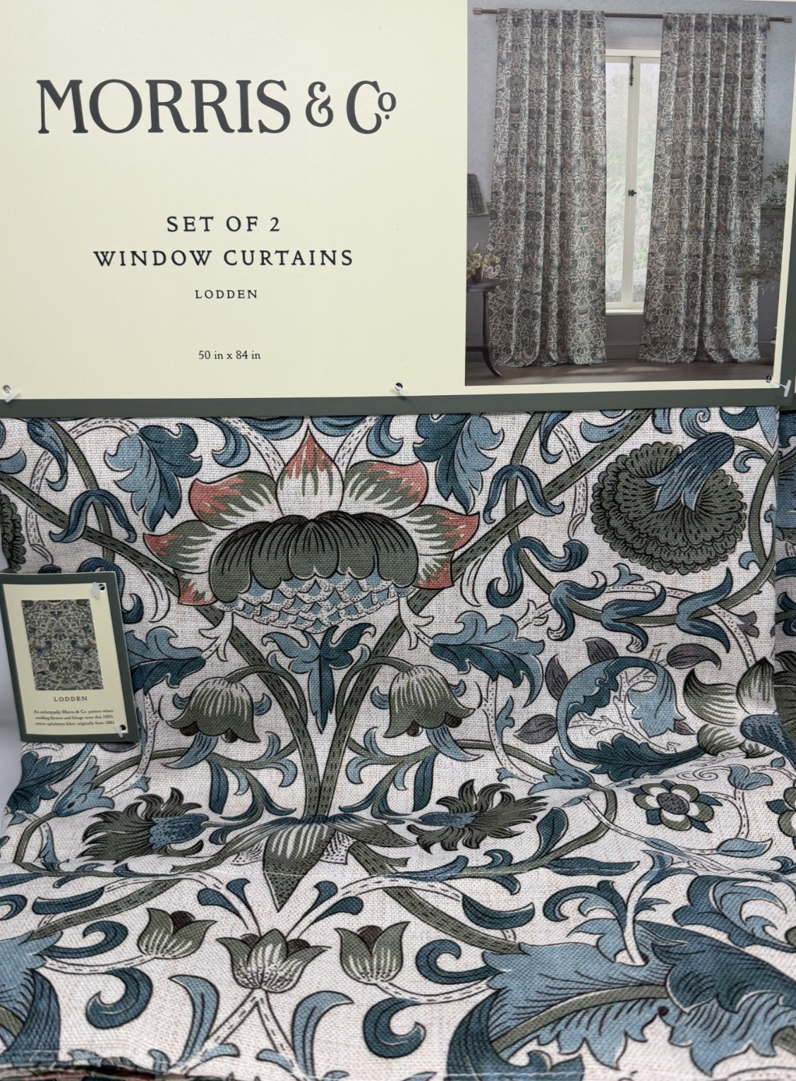 New William Morris & Co Lodden Drapes 50x84 Set of 2~Mineral Blue~