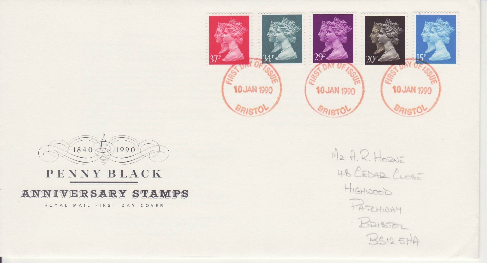 GB Stamps First Day Cover Definitive, 5 values 15p to 37p, double heads CDS 1990