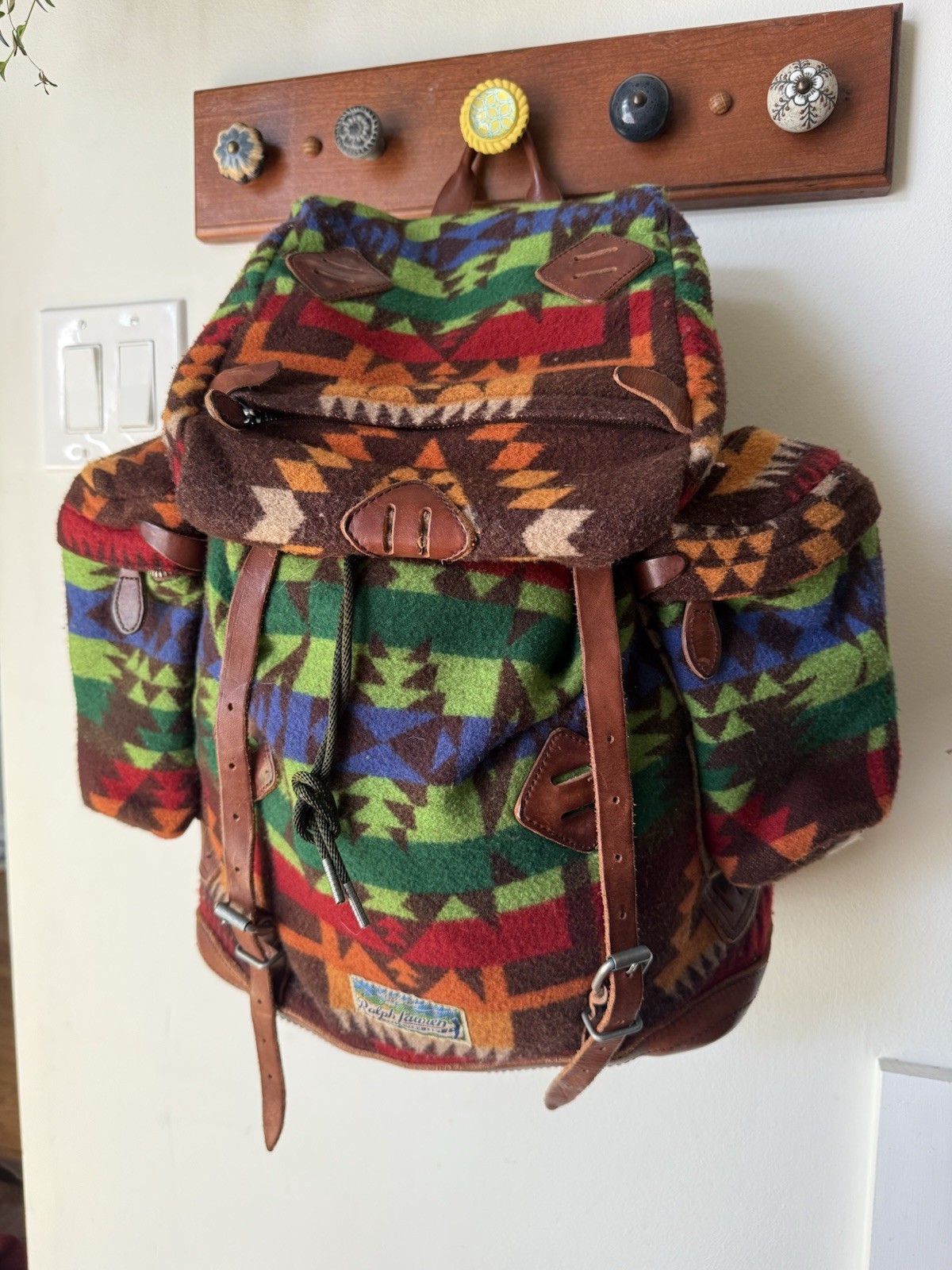 Vintage Polo Ralph Lauren Southwestern Aztec Fleece Backpack Brown Leather Trim