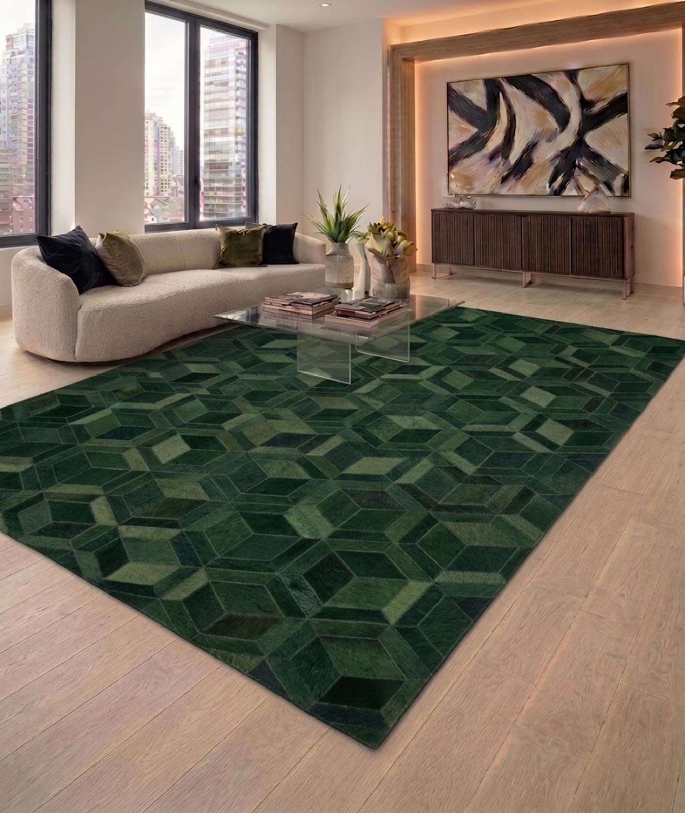 Handmade Green Patchwork Cowhide Leather Rug | Modern Geometric Area Rug Carpet Handmade Green Patchwork Cowhide Leather Rug | Modern Geometric Area Rug Carpet