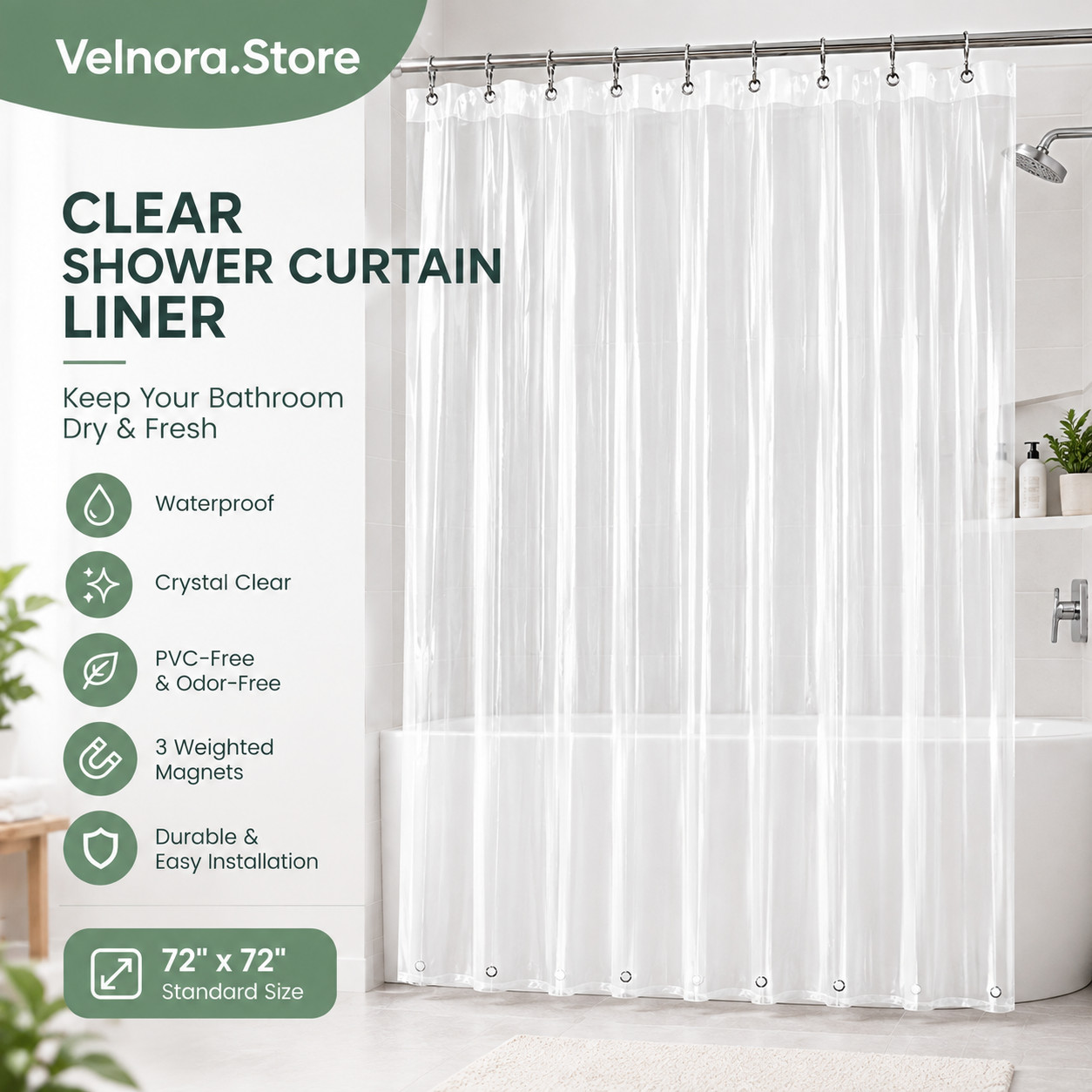 Clear Shower Curtain Liner 5g Durable PEVA Waterproof with 72\'\'x72\