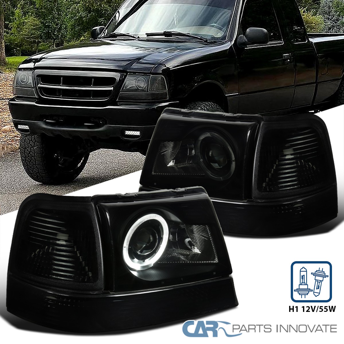 Fit 1998-2000 Ford Ranger LED Halo Black Smoke Projector Headlights Corner Lamps